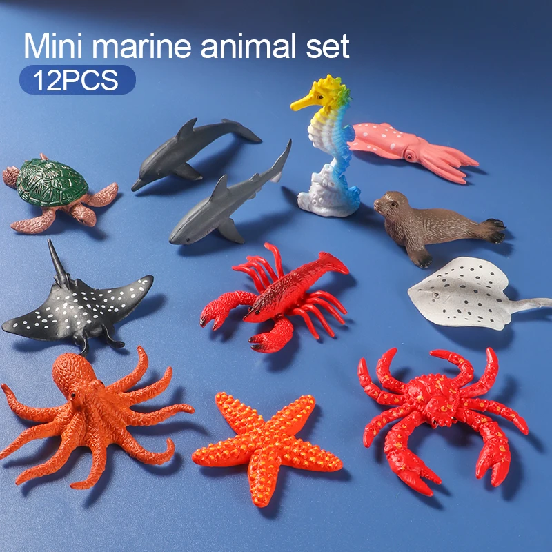 12 sztuk/worek Mini Marine Ocean Sea Life zestaw zwierzęta Model Shark Turtle Crab Dolphin Action Figures zabawki edukacyjne dla dzieci