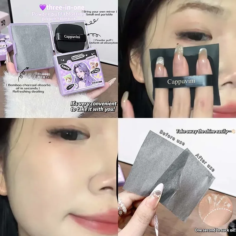 Lishu 100 folhas de papel absorvente transparente com sopro de pó, controle de óleo e configuração de maquiagem, toalhetes absorventes de óleo, ferramenta cosmética