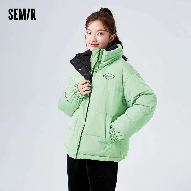 Semir Cotton Jacket Women Loose Stand Collar Contrasted Color Cotton Jacket Warm Trendy Winter Print Versatile Thick Jacket