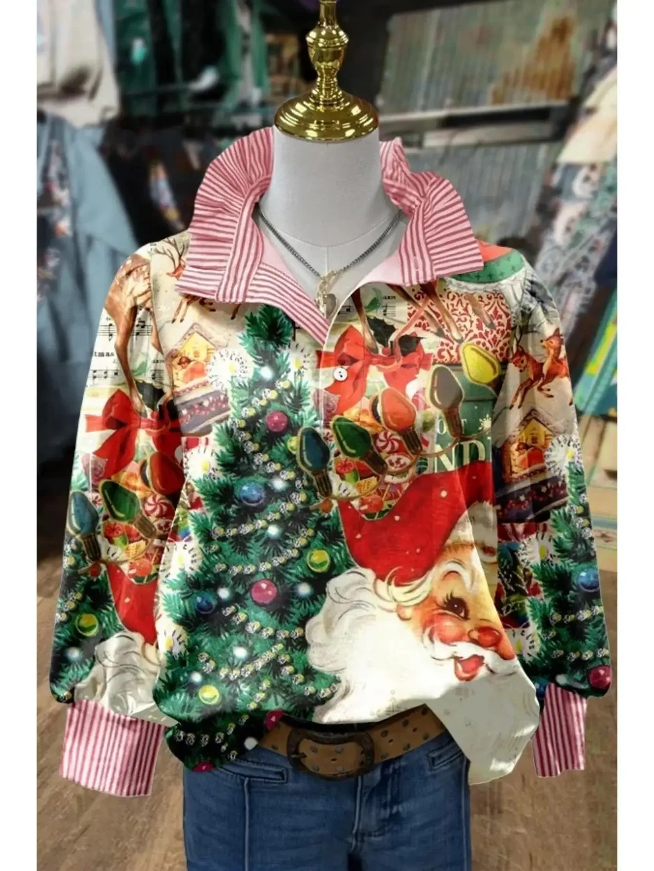 

2D flat printed women's red and white striped Christmas printed lapel shirt