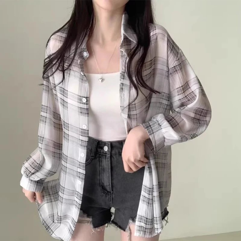 

Contrast Plaid Woman 2025 Shirts Blouses Full Sleeve Blusas Mujer Sun Protection Ropa Loose Lazy Clothing Fashionable Camisas