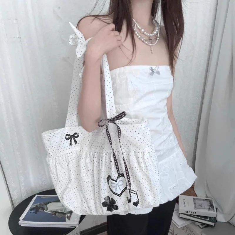 Koreanische Polka Dot Umhängetasche Damen Nylon Einkaufstasche Niedliche Schleife Love Note Bedruckte Einkaufstasche Rock Design Magnetschnalle Achseltasche – Detail 15