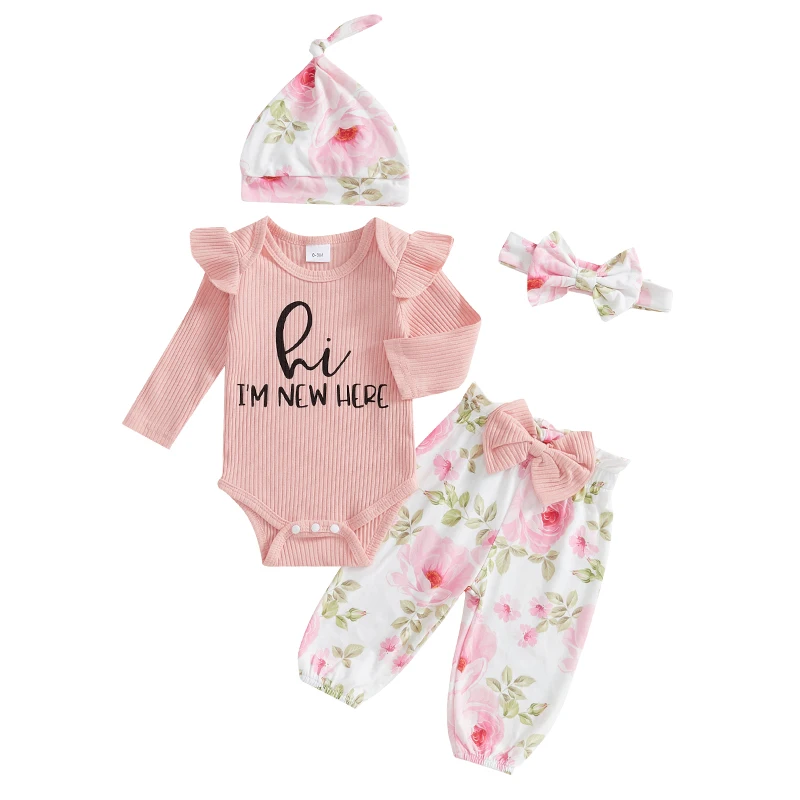 Baby Girls 4 Piece Outfit Letter Print Long Sleeves Romper and Floral Print Pants Headband Hat Set Cute Clothes