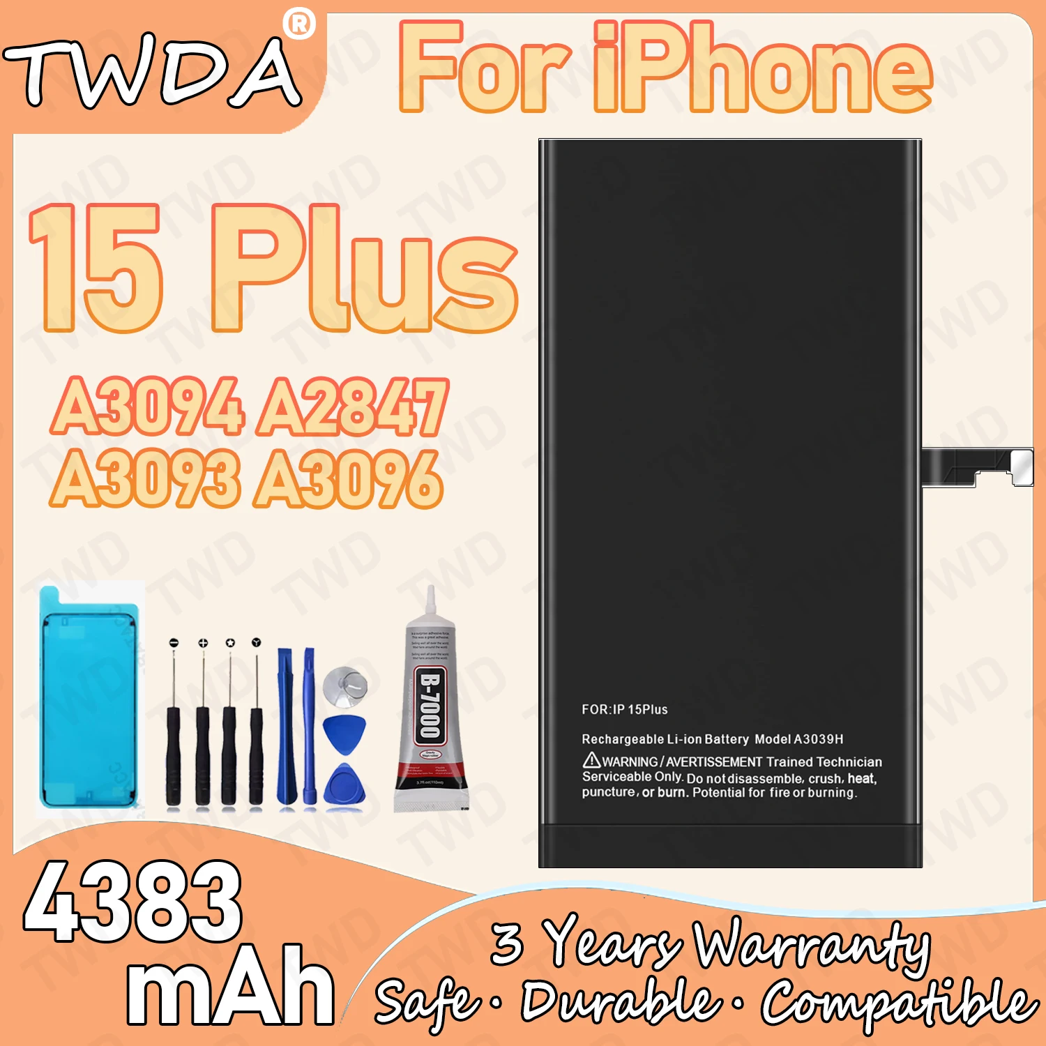 

A3039H Large capacity 4383mAh Battery For iPhone 15 PLUS/A3094/A2847/A3093/A3096 Batteries New High Quanlity+Free Tools