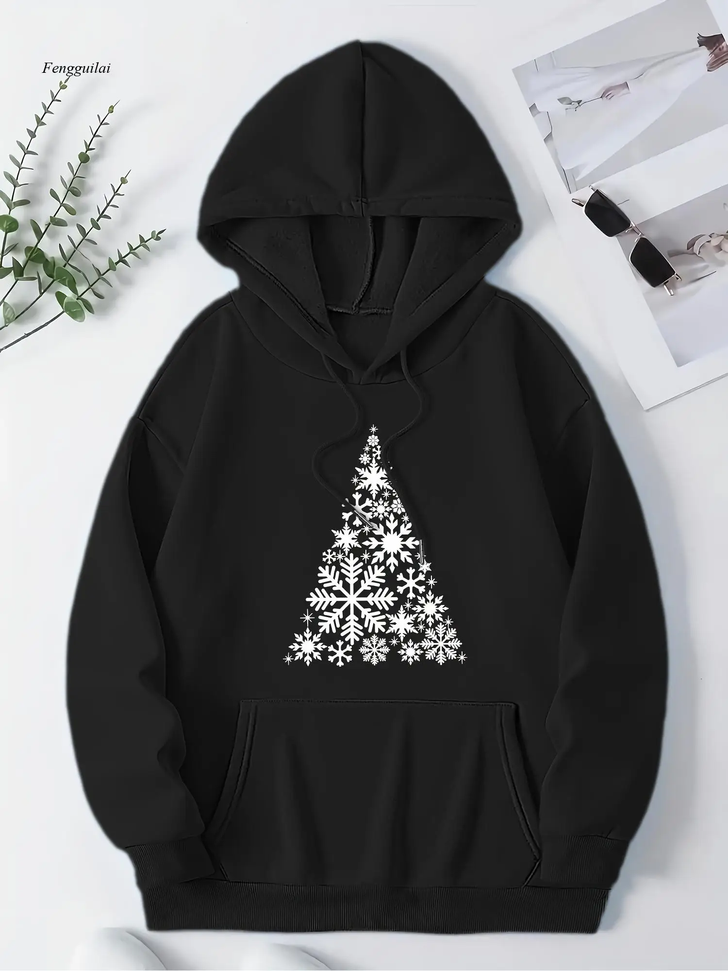 Felpa casual con stampa fiocco di neve e albero di Natale |   Motivo geometrico e floreale, con cappuccio con tasche