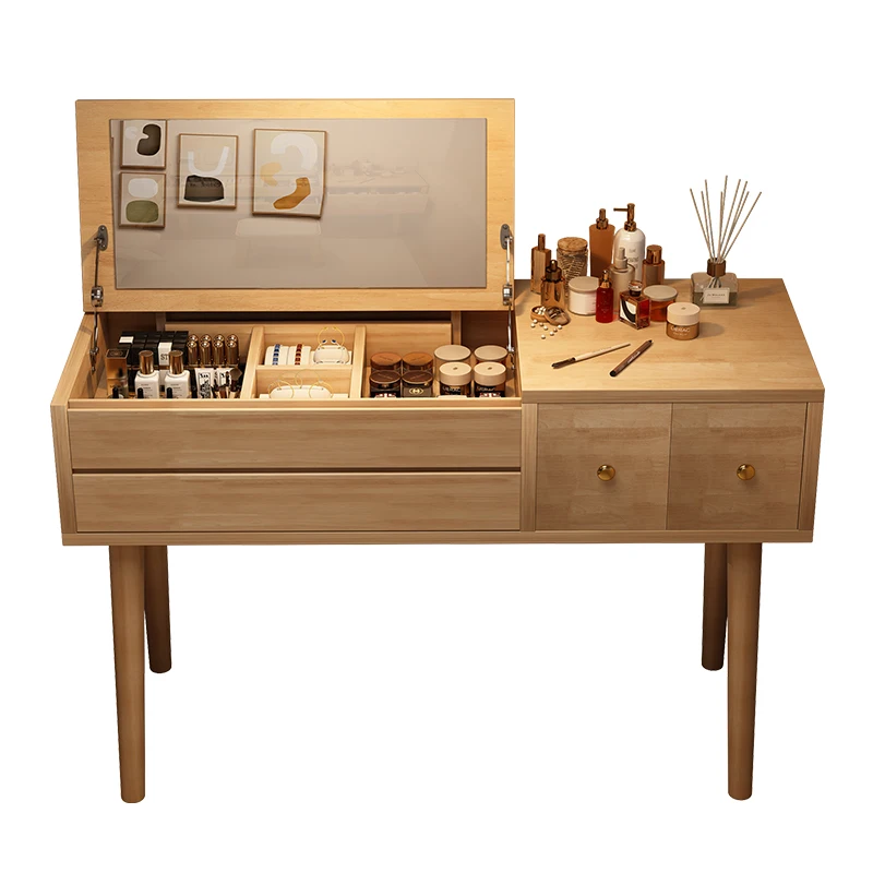 

H Large Solid Wood Mirror Makeup Vanity Desk With Flip Top, Cushioned Stool And 3 Drawers For Bedroom Furniture Girls Women Gift