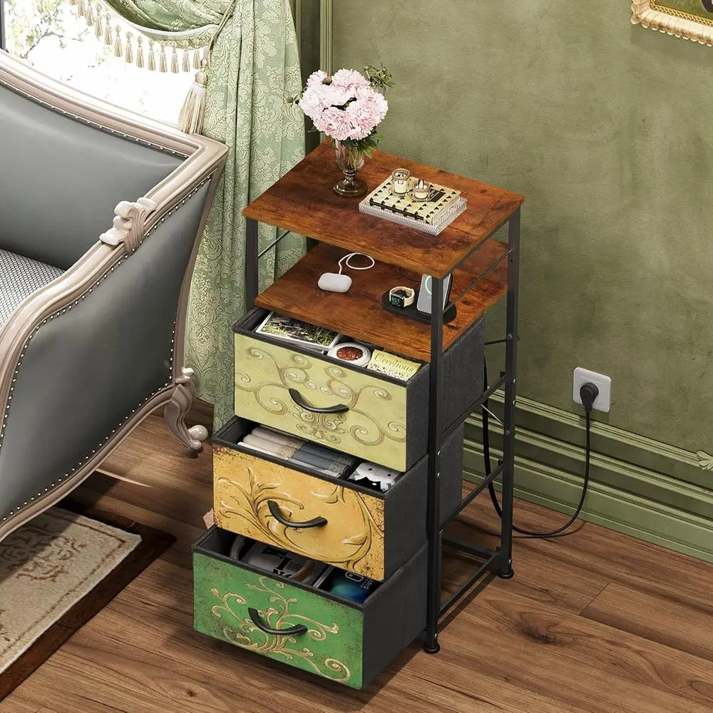 Komoda oszczędzająca miejsce z szufladami z tkaniny, ładowaniem USB i gniazdami - Stolik nocny z motywem kwiatowym