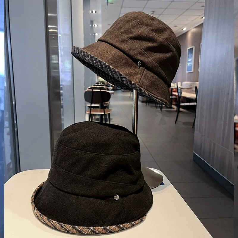 New Fall/Winter Women's Wool Blend Color-Blocked Fisherman's Hat: Elegant Bucket Hat with Checkered Pattern—Versatile and Retro