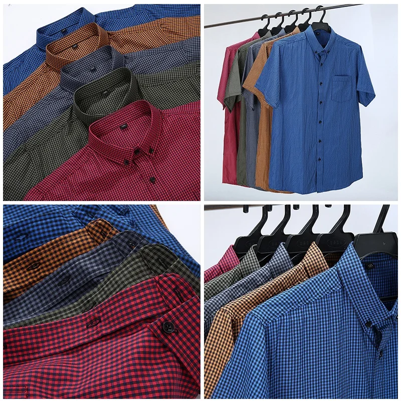 Плюс размер L-10XL Повседневная мужская рубашка в клетку с коротким рукавом Футболки с воротником на пуговицах Синий Зеленый Топ Рубашки Свободная мужская толстая одежда