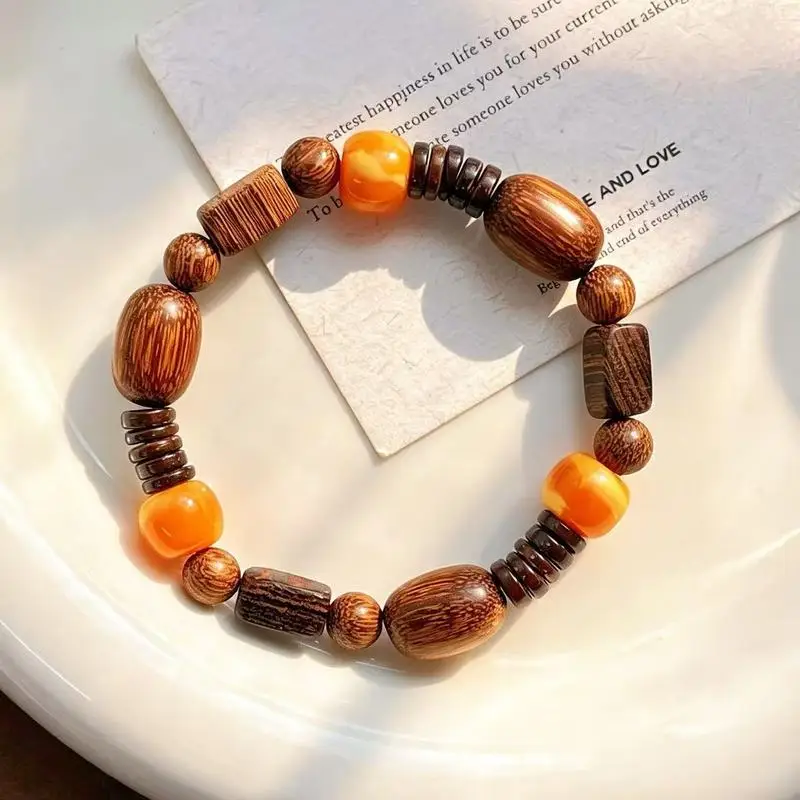 Melard natural agarwood and amber color-block bracelet