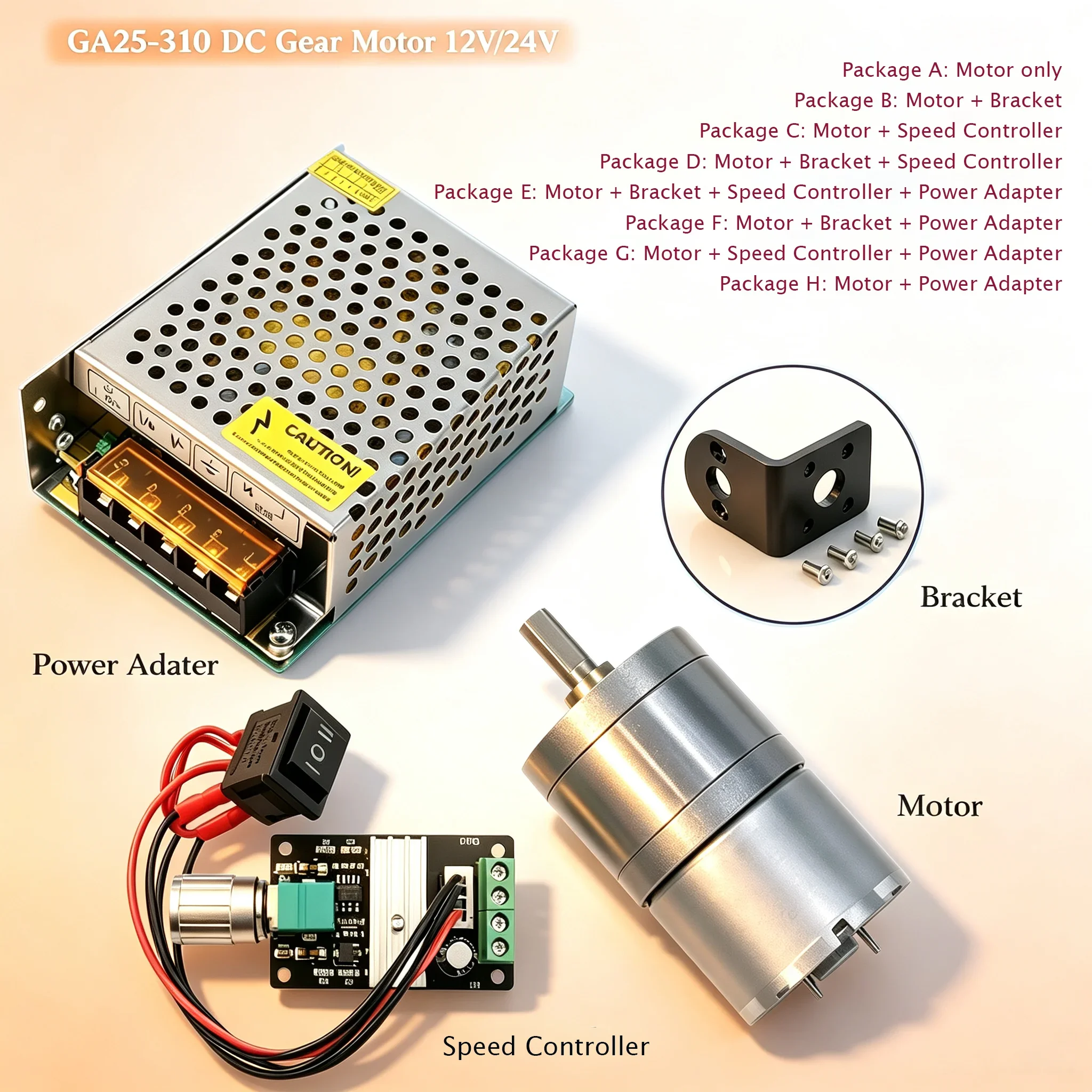 GA25-310 Low Speed High Torque Geared Motor 12V/24V with Bracket Controller And Power Reversed Reducer Mini Reduction Box for DI