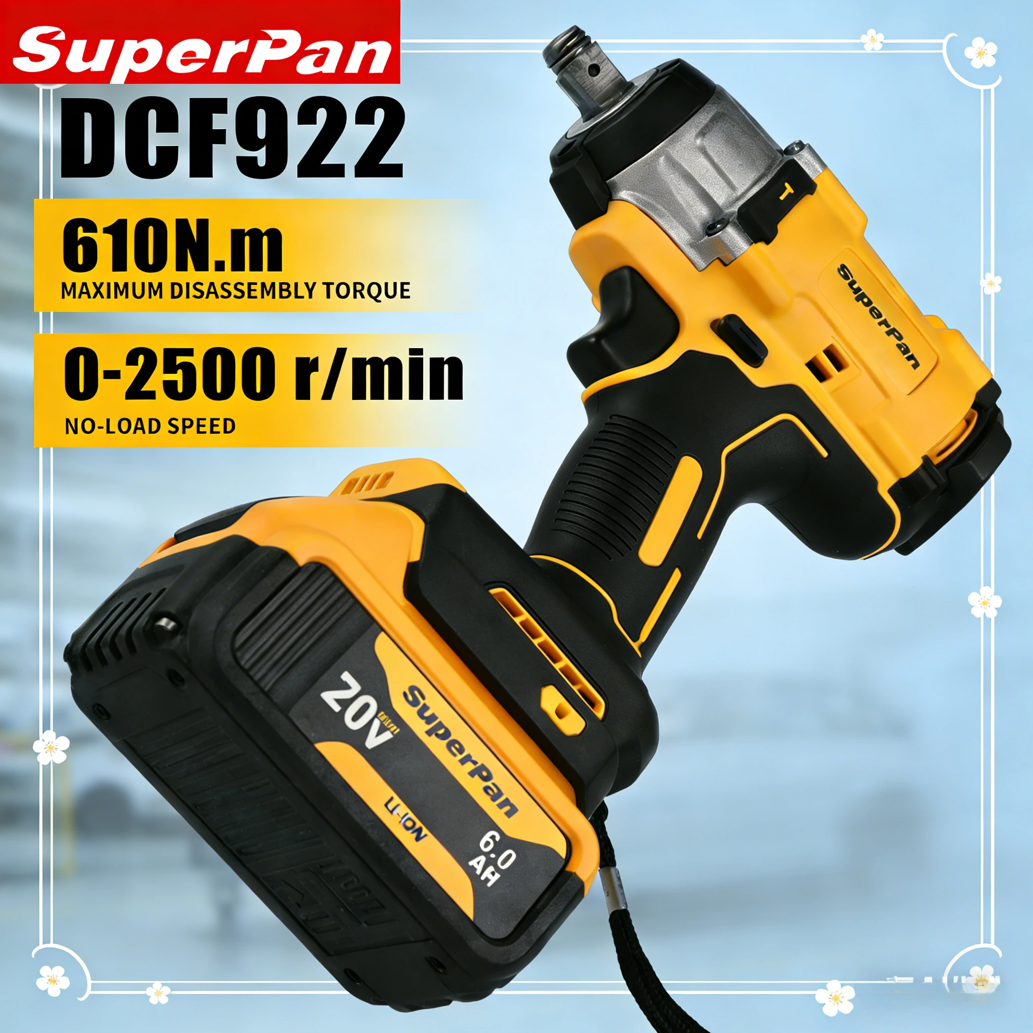 

SuperPan SP922 Impact Wrench High Precision Tools Lithium ion 203NM 1/2" Drive Accurate Repair for dewalt 20V battery pin