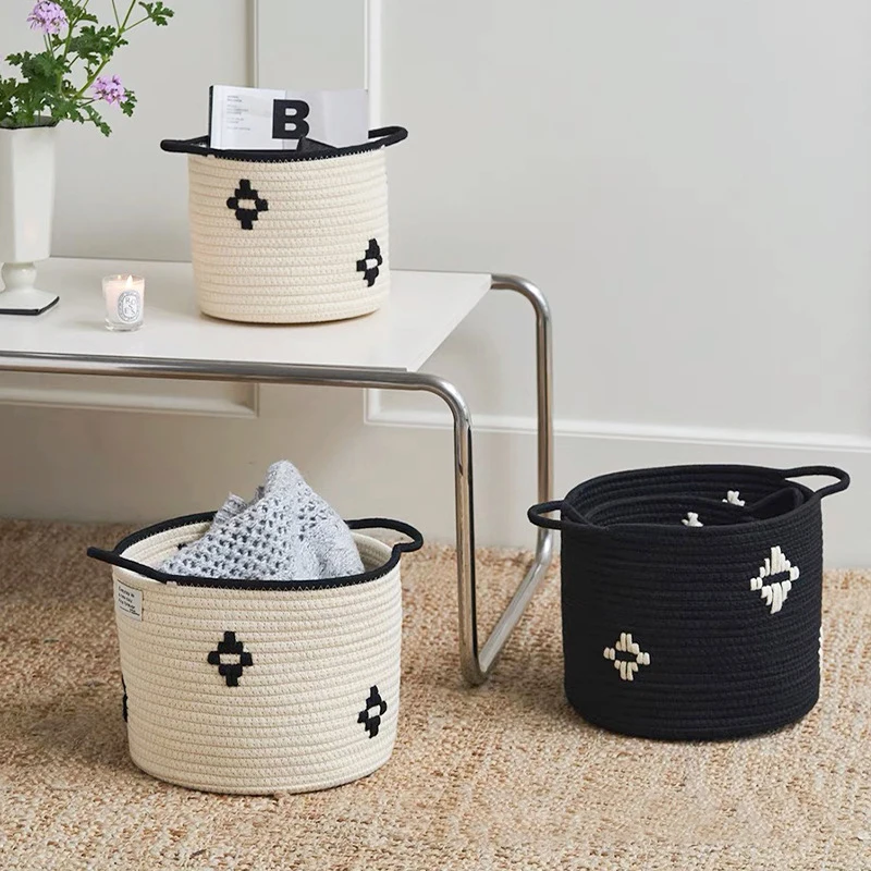 1pc Cotton Rope Storage Basket Black White Countertop Storage Containers Bedroom Woven Decorative Basket Bathroom Laundry Basket