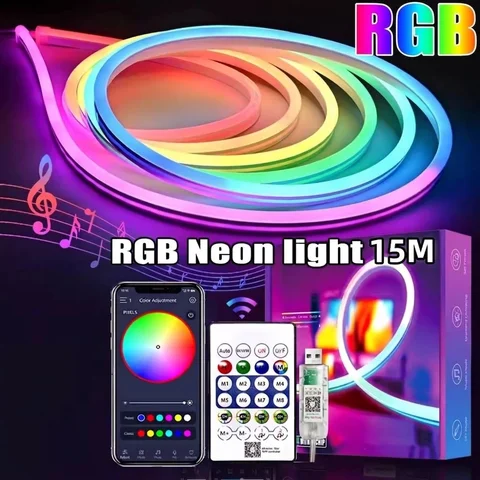 5V RGB Neon Light Strip 15M USB Waterproof Flexible LED Light Strip Music Synchronization Bluetooth Remote Control DIY Home Decoration Changes Ambient Light