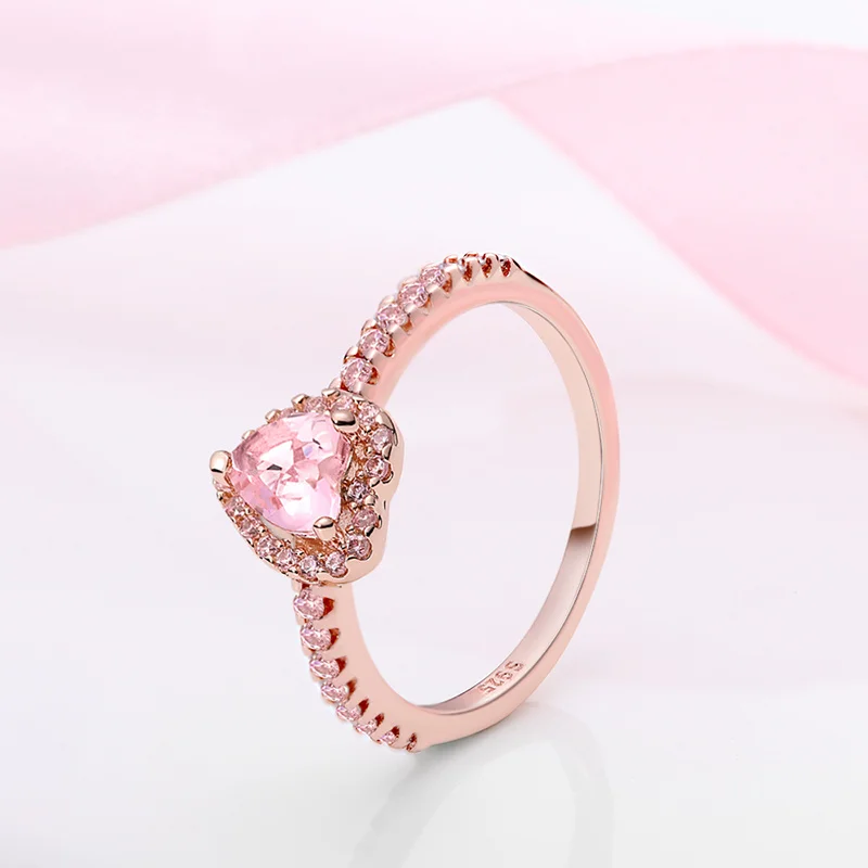 Fashion 925 Sterling Silver Pink Heart Rose Flower Ring Ladies Fine Wedding Valentine's Day Gift Jewelry