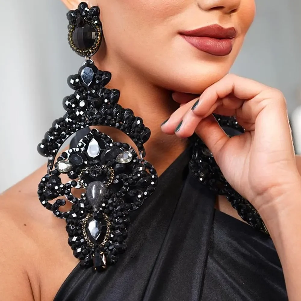 Fashion Lady Black Crystal Exaggerate Earrings Statement Accessories 2023 Oversize Rhinestone Large Dangle Earrings Prom Jewelry