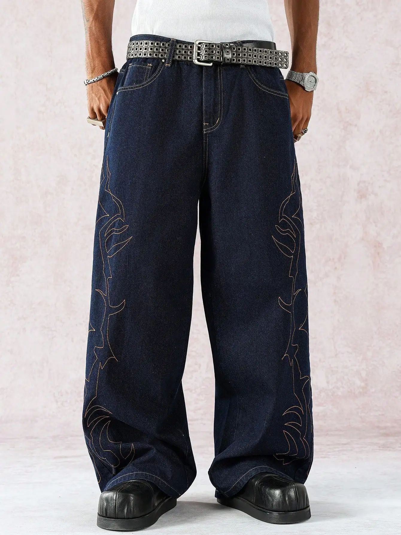 Men's Dark Blue Wide-Leg Jeans, Retro Hip-Hop Style Flame Embroidery Dad Pants, Street Trend Loose Trousers