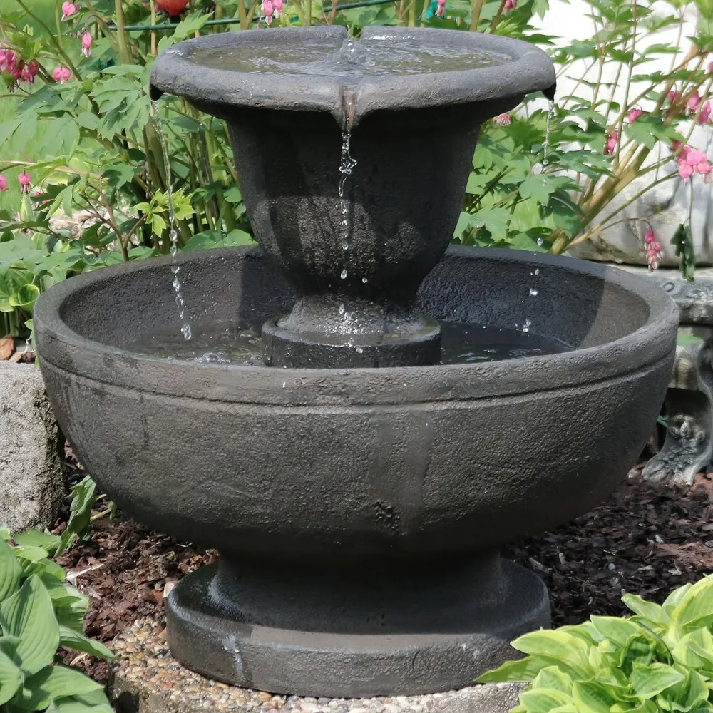 25-Inch H Streaming Falls 2-Tier Outdoor Water Fountain - Waterfall Feature for The Yard or Patio - Brown