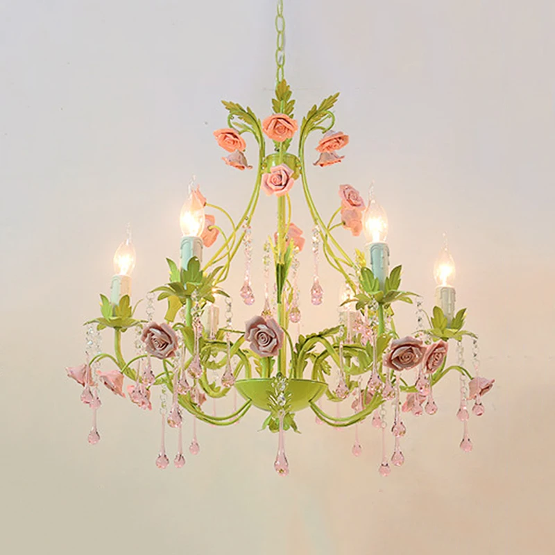Green Country-Style Home Decoration Commercial Flower Shop Chandelier French Ceramic Rose Dining Room Bedroom Led Crystal Lamps