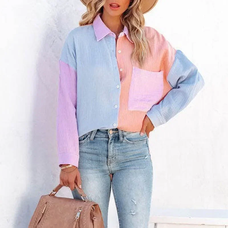 Streetwear Ladies Casual Blouses Spring Summer Fashion Women New Patchwork Shirt Elegant Commute Contrast Lapel Buttons Cardigan