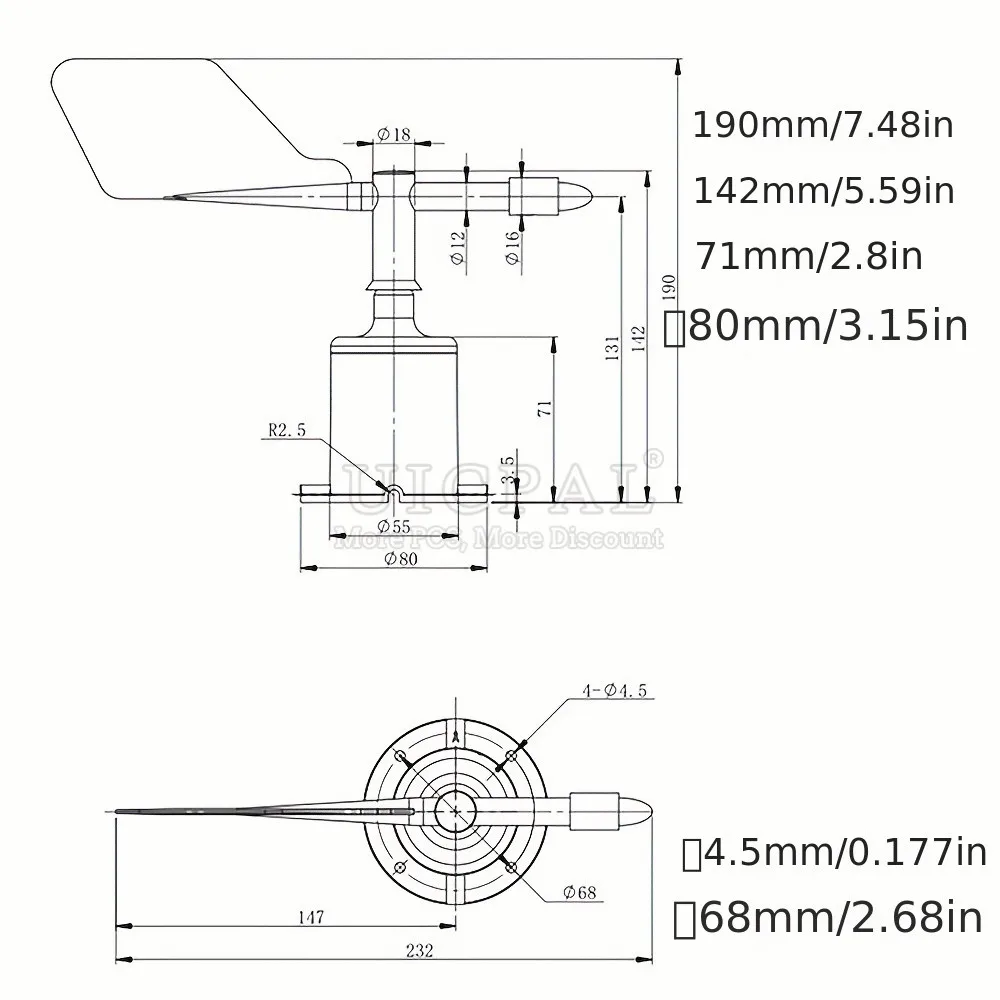 60 m/s stazione meteorologica Outdoor 3 Cup anemometro sensore fibra di carbonio velocità del vento uscita sensore di direzione del vento RS485