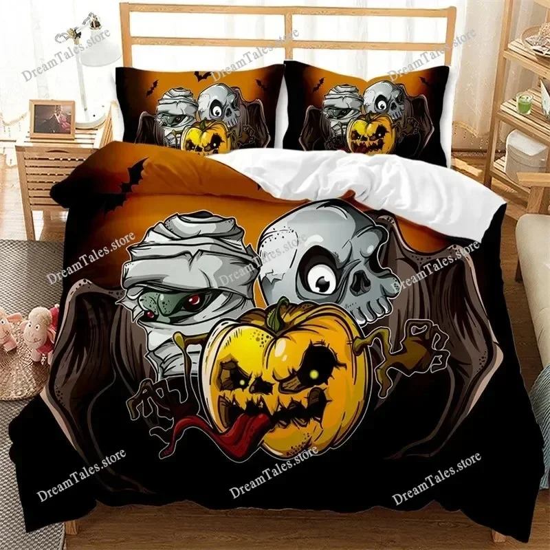 Cartoon Pumpkin Duvet Cover Gothic Halloween Skull Bedding Set Polyester Lantern Ghost Comforter Cover King for Boys Girls Decor