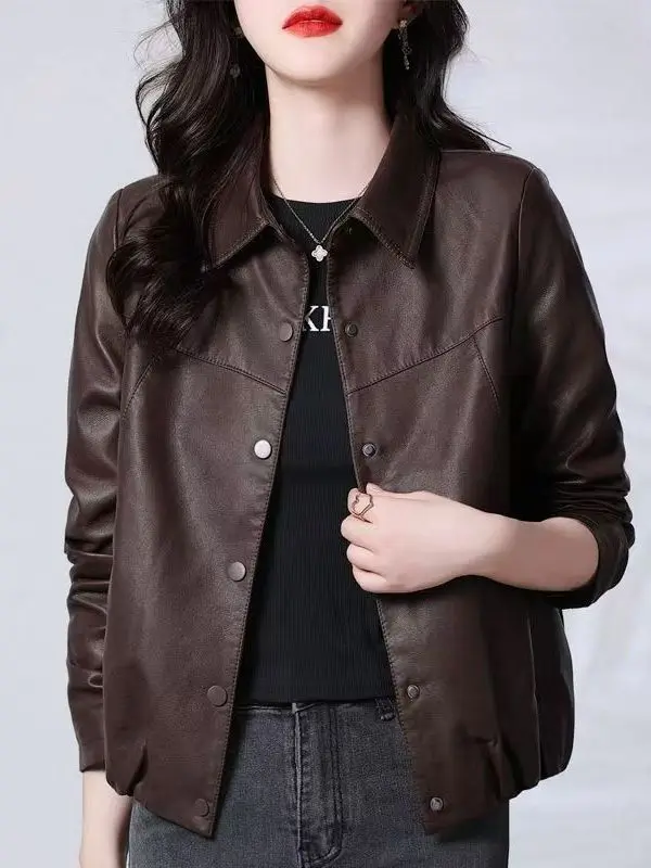 

Casual Sli ort Leather Jaet Women's Faionable Outerwear Cact Size New 2025 Trendy Heining Leather Coat