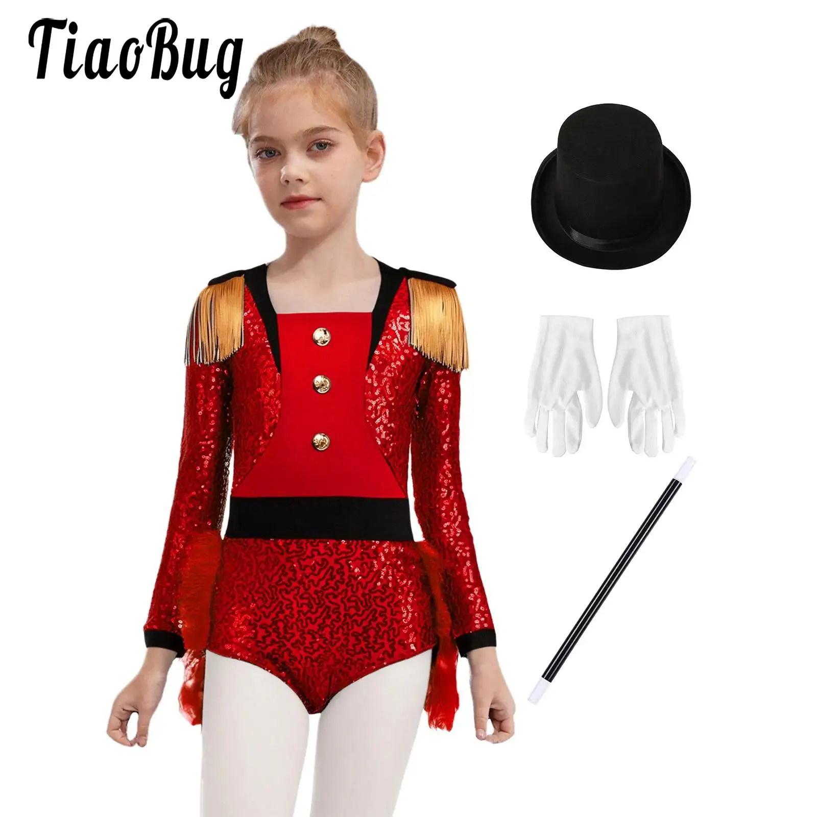 Girls Sequin Circus Costume Halloween Magician Cosplay Set Shoulder Tassels Long Sleeve Feather Skirted Bodysuit And Hat Gloves