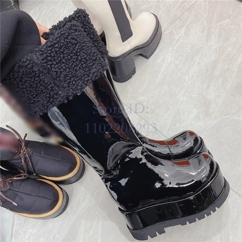 Black Lambswool Knee-high Boots Round Toe Platform Patent Leather Snow Boots Height Increase Slip-on Women New Fashion Shoes