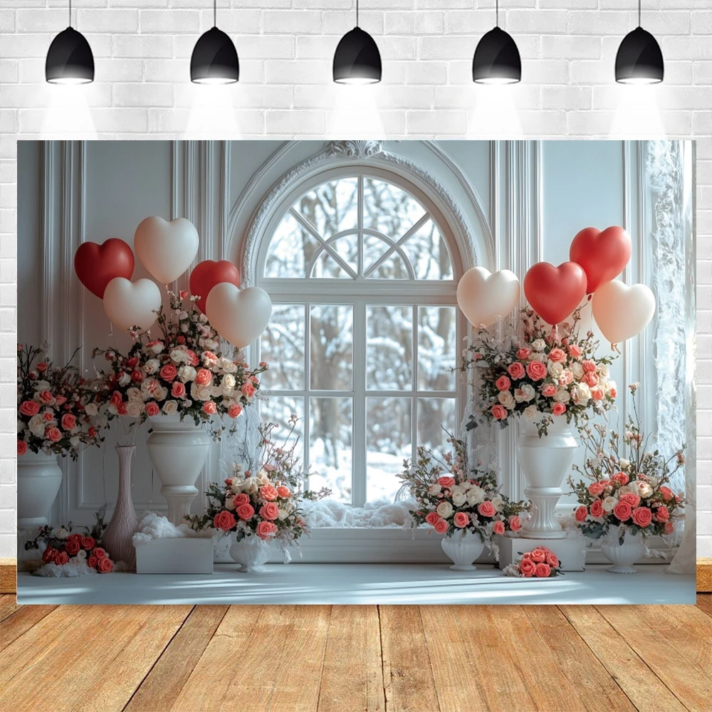 February 14th Valentine's Day Photography Background Love Heart Flower Window Pink Curtain Wedding Party Banner Photo Backdrop