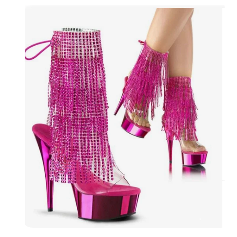 

Pink Clear PVC Crystal Tassels Sandal Boots Thin High Heel Fashion Sexy Novel 2023 Summer Big Size Woman Shoes Zapatillas Mujer