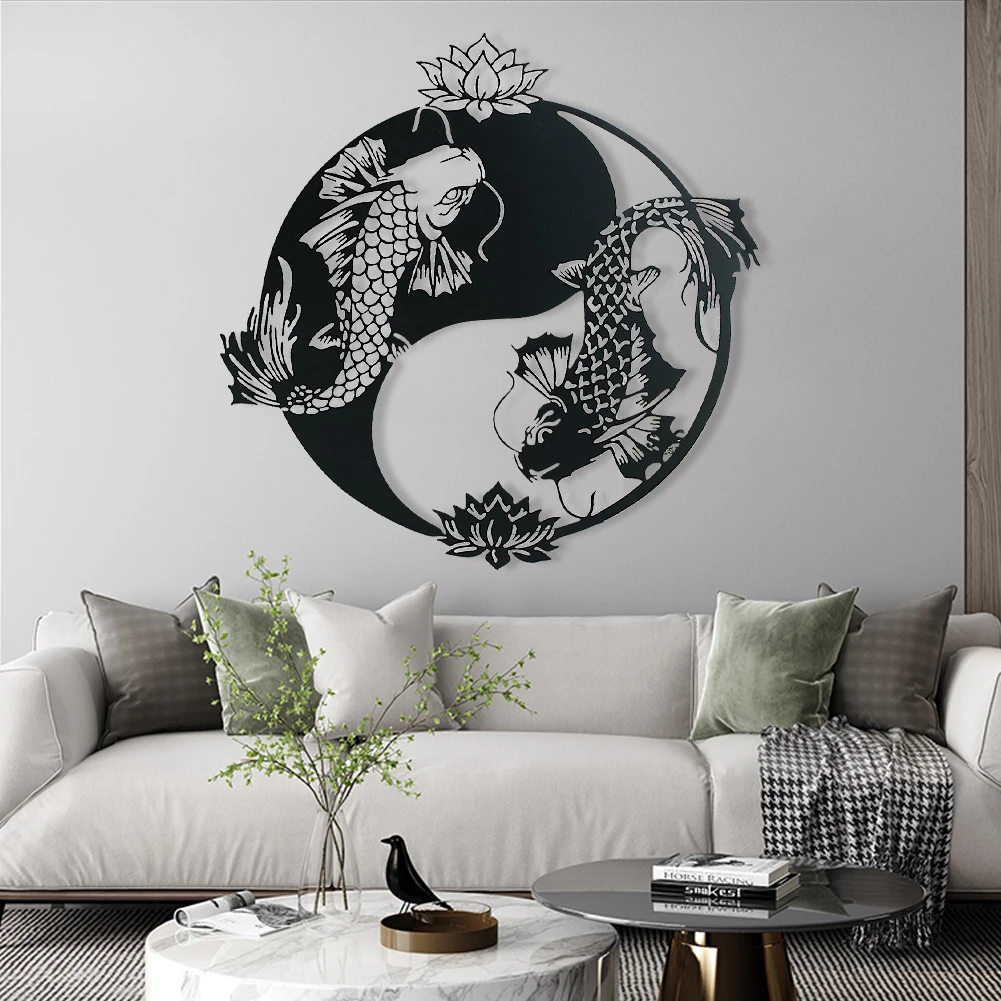 Yin Yang Feng Shui Wall Hanging Decor Lucky Koi Fish Lotus Iron Artwork Yoga Meditation Room Altar Wall Sculpture Silhouette