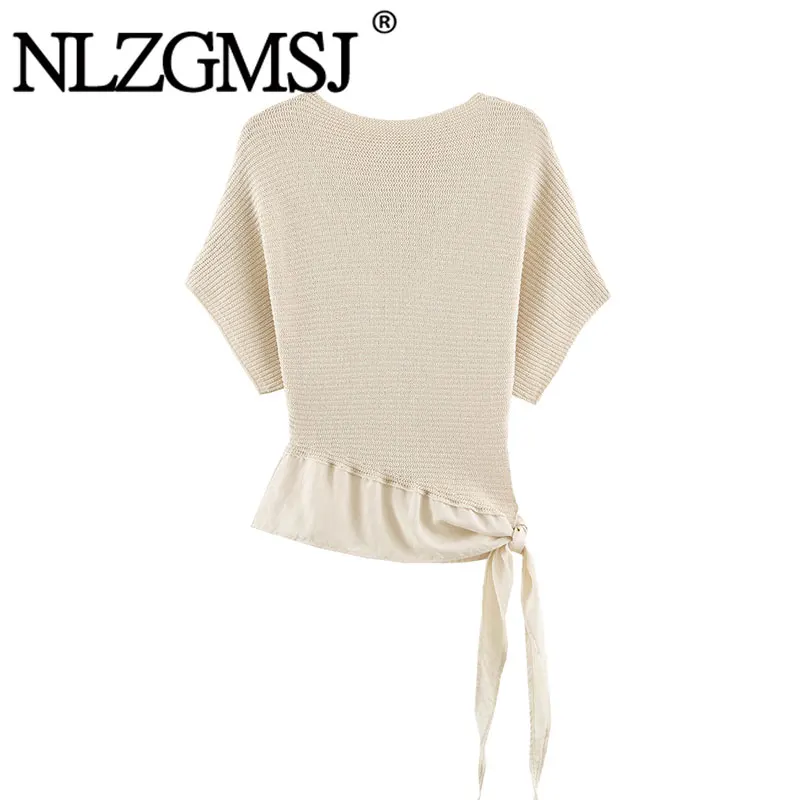 Nlzgmsj 2026 Autumn Elegant Solid Color Boat Neck Knit Shirt Women Batwing Sleeve Side Knot Tie Loose Knit Top