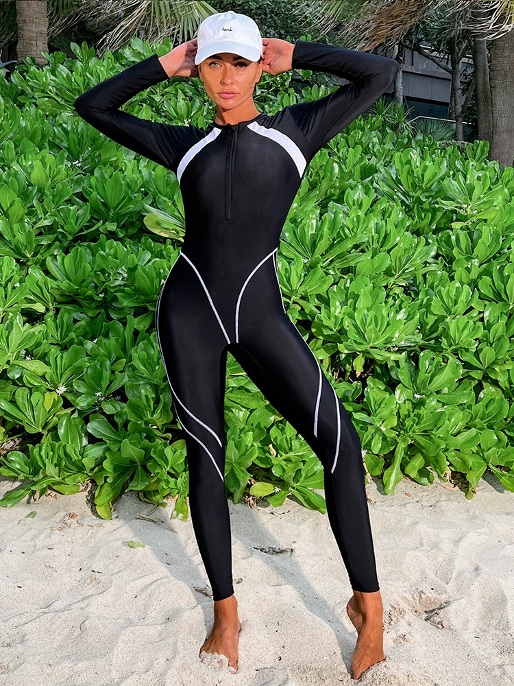 In-X Black One Piece Muslim swimwear Full Body Whole Swimwear Women New 2024 Long Sleeve Swimsuit Surf Suit Sporty Beachwear