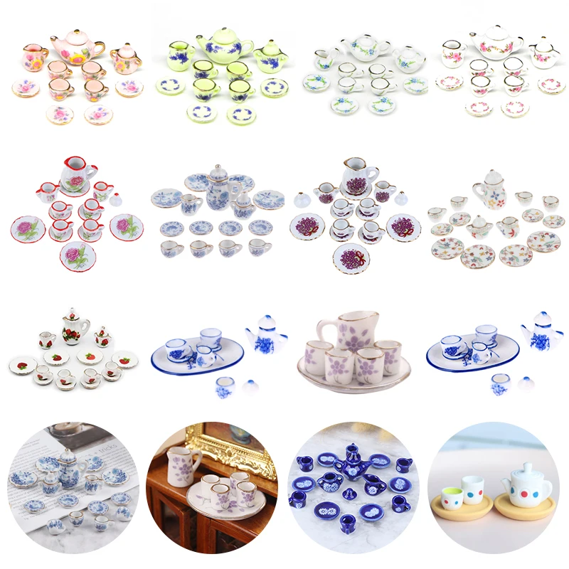 1/12 Miniature Ceramic Teaware Kitchen Teapot Tea Cup Plate Tableware Ornaments Dollhouse Furniture Toys Dining Ware