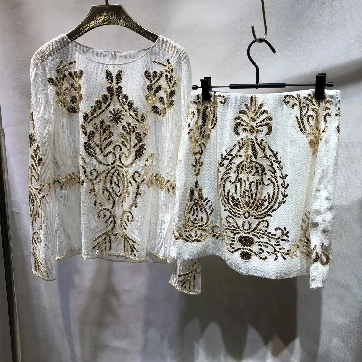 Festival Sequin Sets Womens O Neck Luxury Beaded Handmade Blouses Tops And Arab Flowers Skirts Party Women's Ins Suits NS501