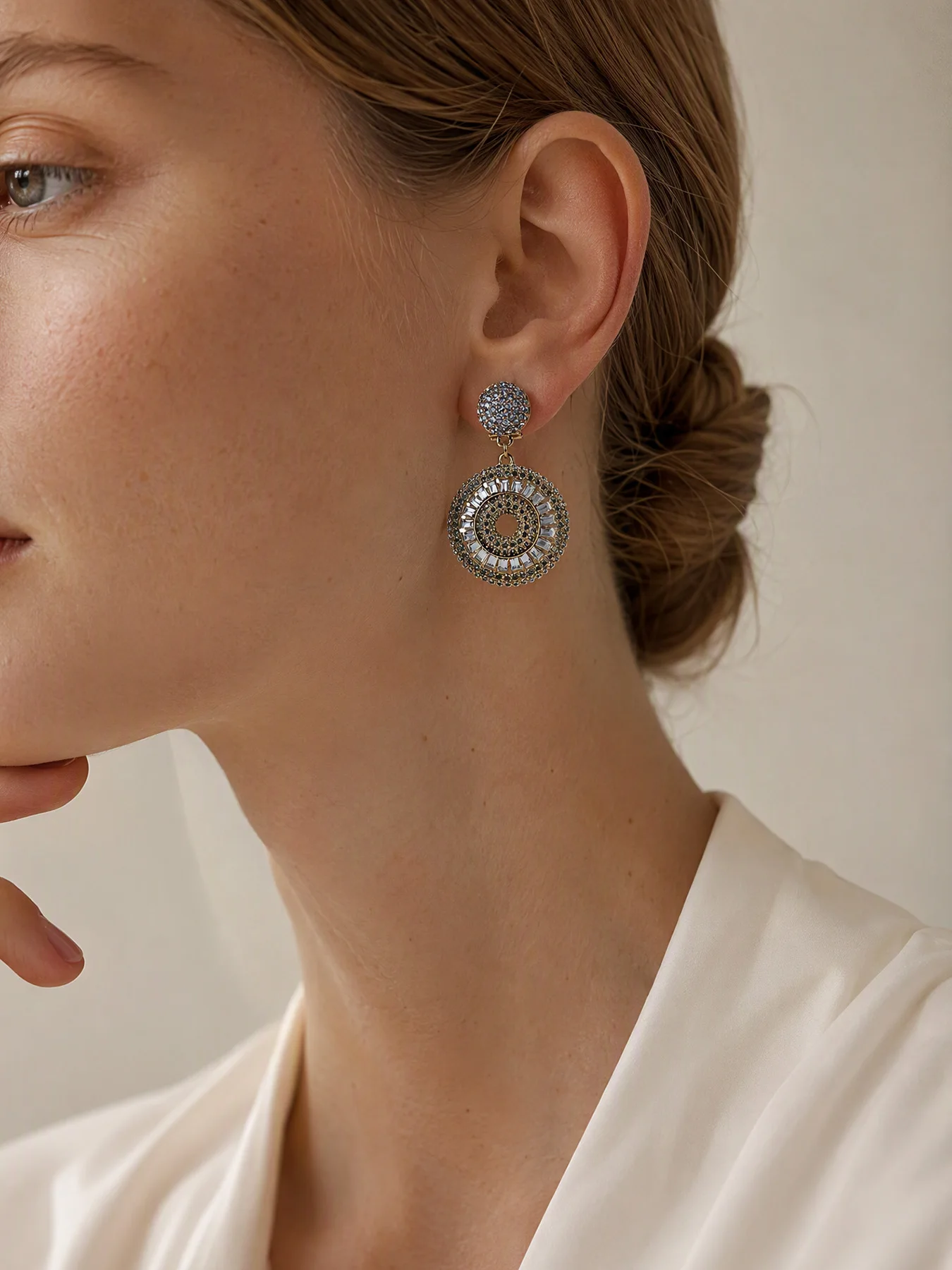 Ornate Round Hollow Crystal Dangle Earrings, Multi Shade Blue Rhinestone Vintage Party Earrings