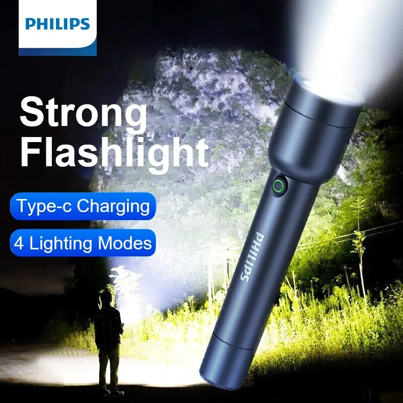 Philips senter LED, dengan USB 18650 baterai dapat diisi ulang 4 mode pencahayaan tahan air luar ruangan berkemah pertahanan diri