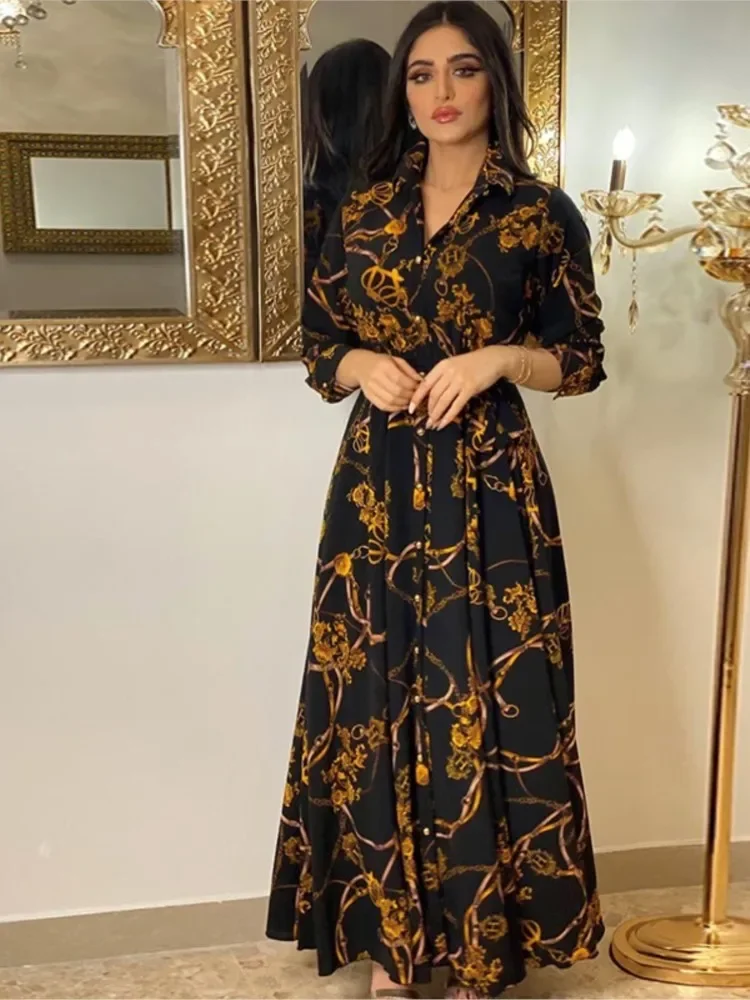 مطبوعة واحدة الصدر فستان طويل ربيع الخريف المرأة الجديدة المألوف المرأة عادية فستان بياقة القميص بأكمام طويلة