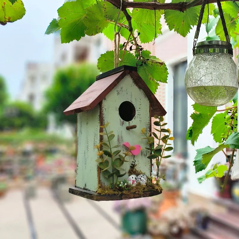 Outdoor Garden Courtyard Layout Landscape Wooden Bird's Nest Gardening Decoration Ornament Bird House Pendant Fairy Garden