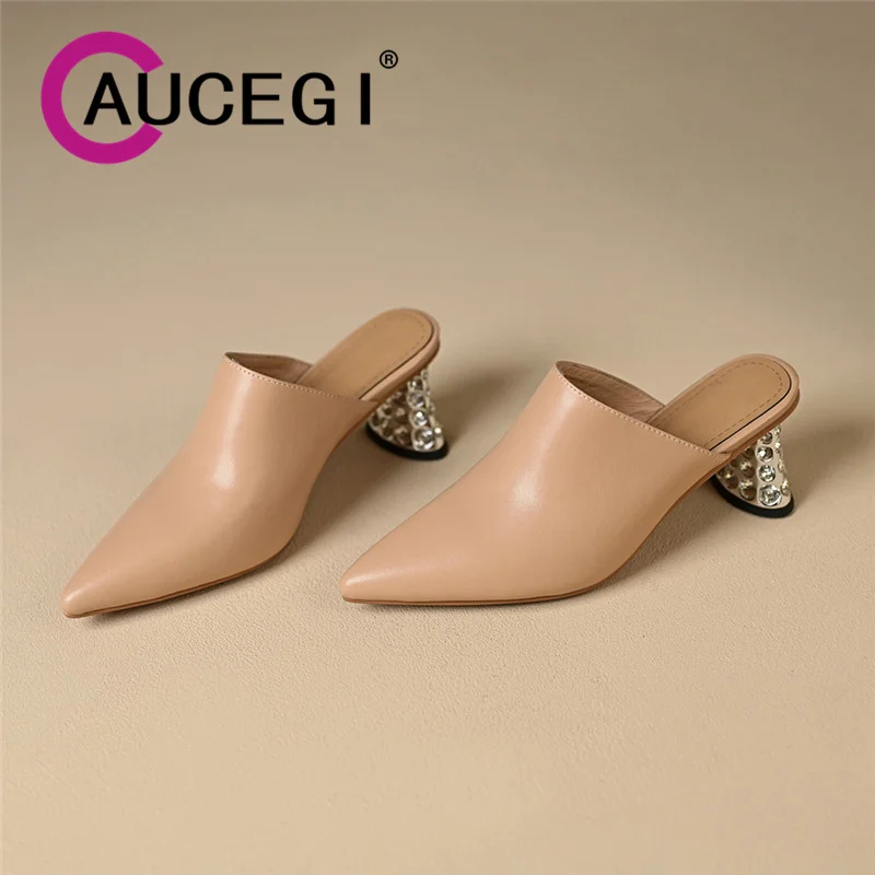 Ucegi 2024 primavera nuovo marchio in vera pelle donna pantofola muli punta a punta Slip On Crystal Special Heel Outdoor Dress Shoes