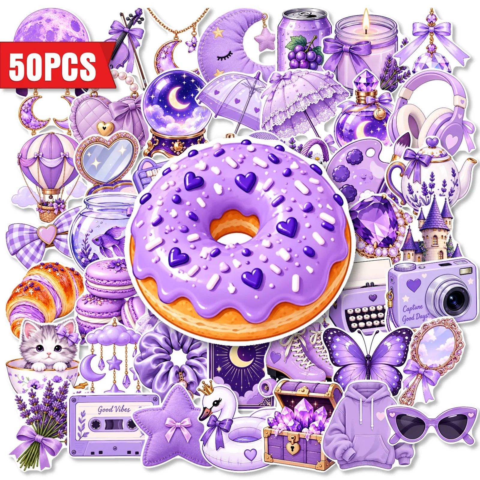 50 PCS Purple Mist Sweet Dream Dreamy Romantic Hand Account Stickers Luggage Phone Case Makeup Box Waterproof Stationery Decals