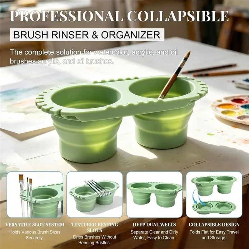 [NEW!】 Paint Brush Cleaner Cup, Foldable Silicone Brush Cleaning Rinse Cup With Dual Containers And Brush Holder