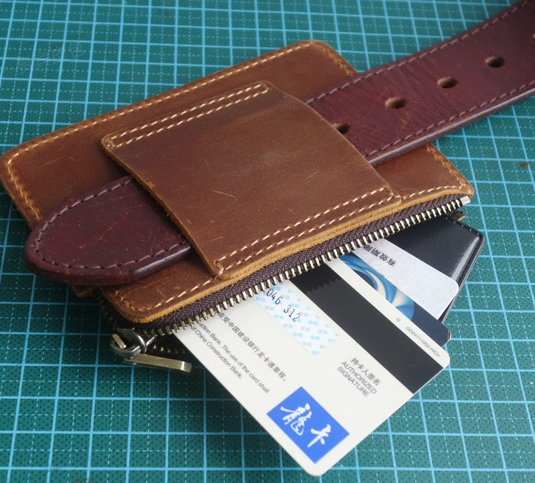 Portafoglio in pelle ultrasottile Porta carte con cintura in pura pelle di vitello Porta carte da uomo portatile con cerniera retrò Licenza di guida Full Genuine L...