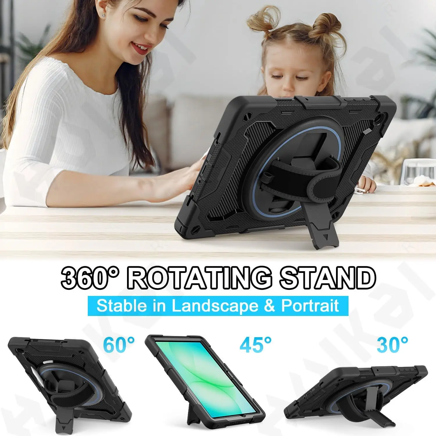 Case for Samsung Tab A11 Plus A9 Plus 2025 Tablet Heavy Duty Shockproof Protective Rotating Stand Hand Strap Pen Holder Black