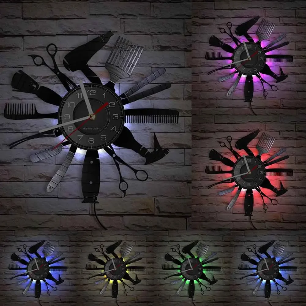 Hairdressing Tools Color Changing Wall Light Clock Hair Salon Barber Shop Decor Contemporary Wall Watch Gift for Hairdressers