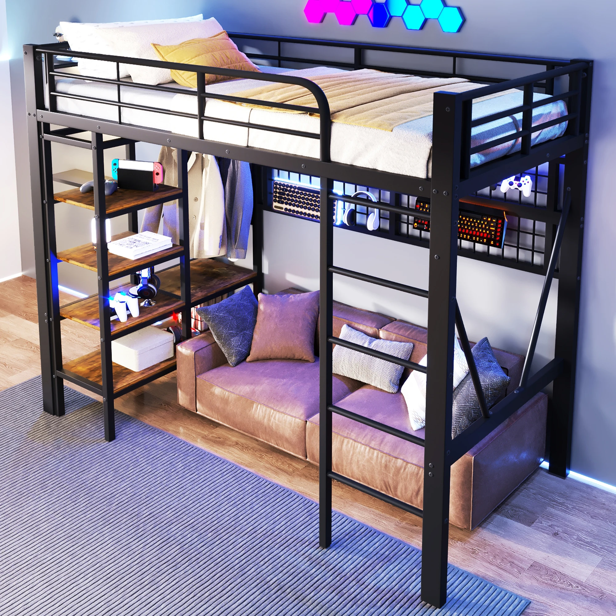 Lit mezzanine simple 90 × 200 cm LED réglable, étagère et barre de suspension - sans matelas, métal - noir