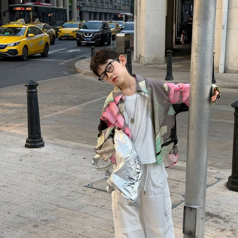 Children's Korean Version Contrasting Color Flower Shirt Boys Lazy Wind Sunscreen Shirt Jacket 2026 Spring New