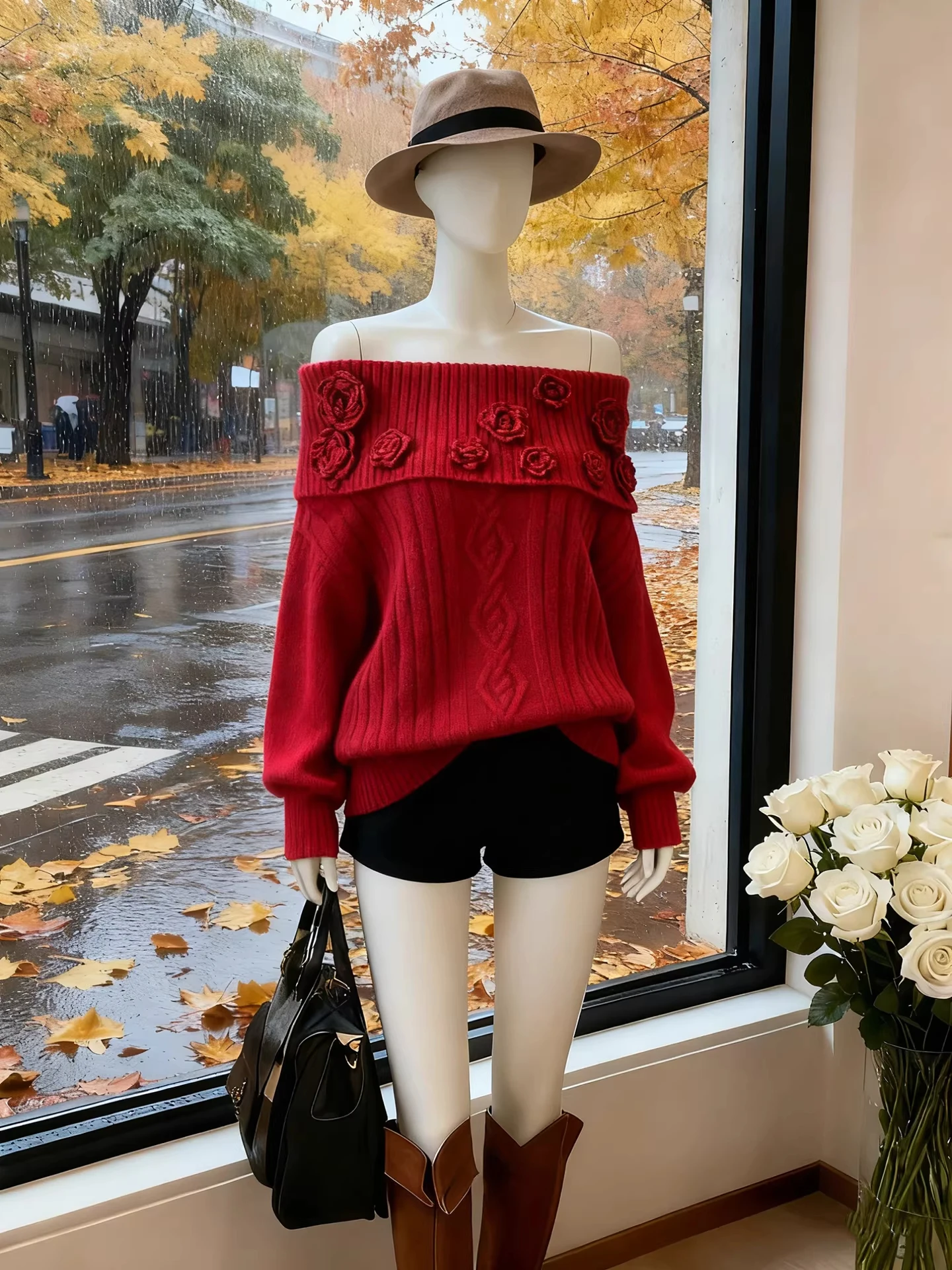

Red oulder Bared 3D Flower Knitted Sweater Women's Loose Fit Long Sve Spring Autumn Lazy Sle Slimming Effect Korean Sle