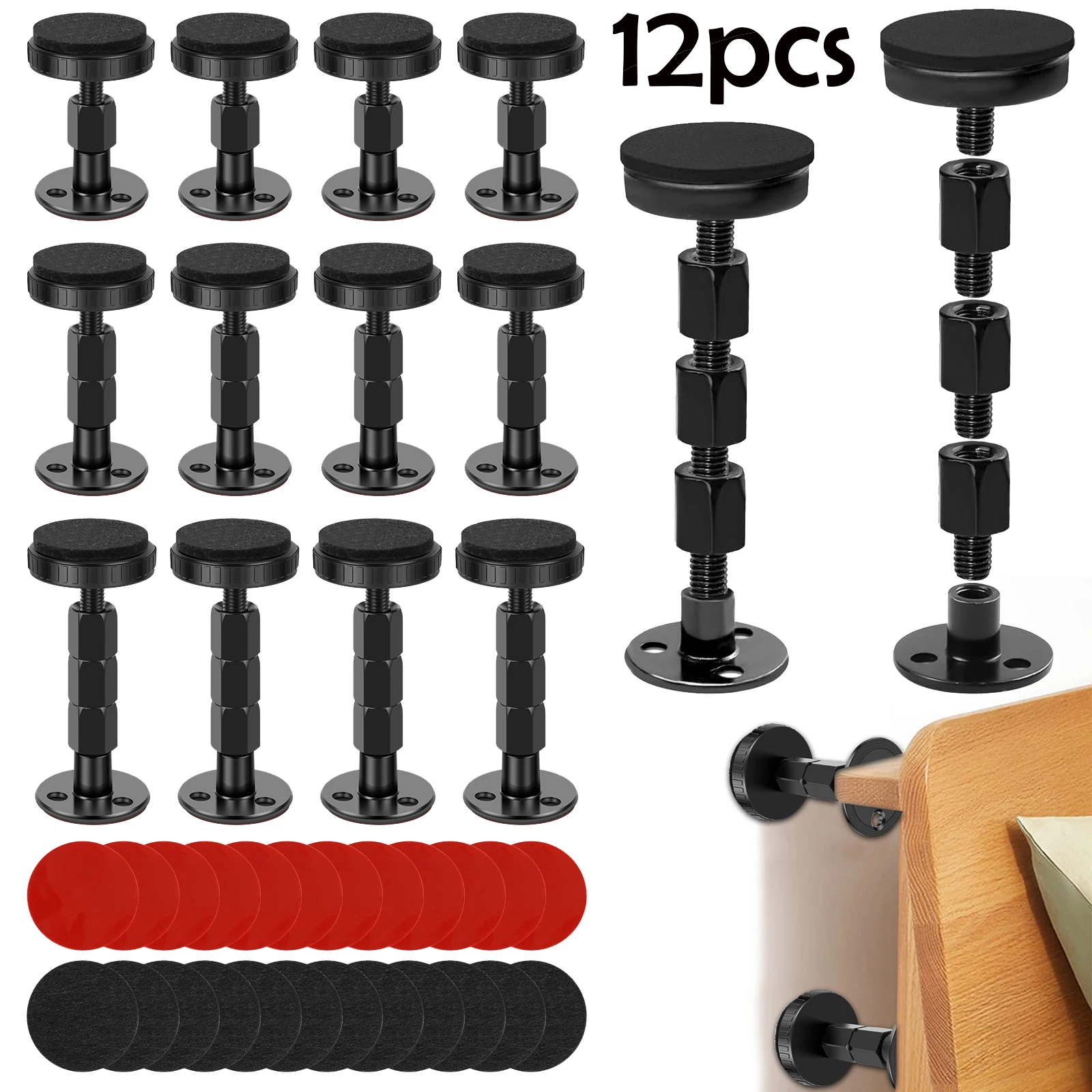 12pcs Adjustable Threaded Bed Frame Anti-Shake Tool Headboard Stoppers, Bedside Anti Shake Tool for Beds Cabinets Sofas for Beds